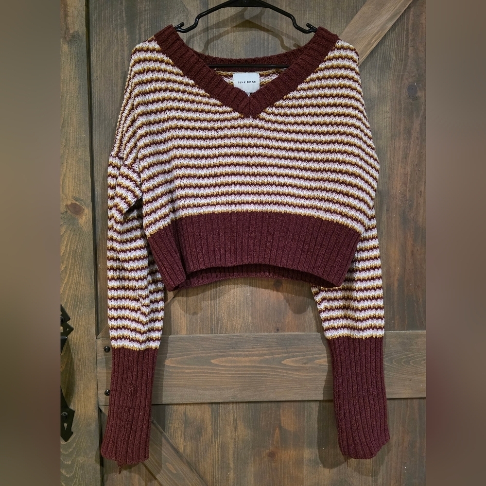 Pink Rose Burgundy, White, Pink, & Gold Striped V-Neck Sweater Size Large